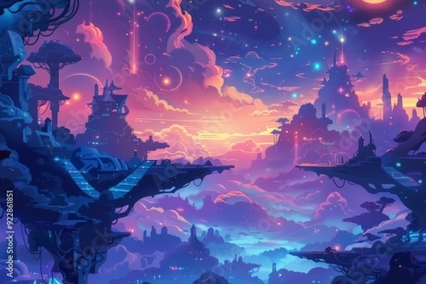 Obraz Dreamlike landscape with floating islands, vibrant sunset hues, and starry skies, evokes a sense of wonder and cosmic serenity