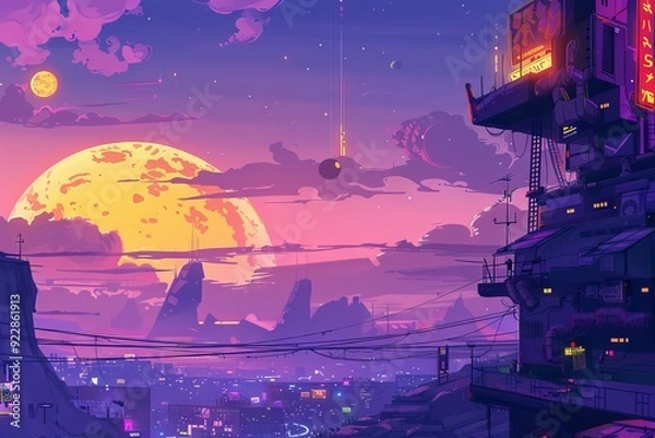 Fototapeta Cyberpunk cityscape under a vibrant purple sky, with a massive moon and neon-lit structures, evoking a futuristic and surreal urban landscape