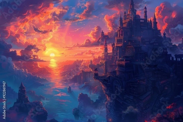 Fototapeta Majestic castle perched on a cliffside, overlooking a fiery sunset and a tranquil sea, creating a scene of awe-inspiring beauty and grandeur