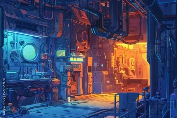 Fototapeta Futuristic interior with dramatic lighting, narrow high-tech corridor, and a contrasting blend of blue and orange hues create a mysterious