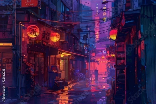 Obraz A captivating digital painting depicting a narrow, atmospheric alleyway, reminiscent of a traditional Japanese street, bathed in the soft glow of lanterns and neon reflections