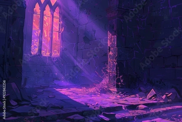 Obraz Evocative digital painting of a ruined gothic interior, bathed in ethereal purple light streaming through stained glass windows
