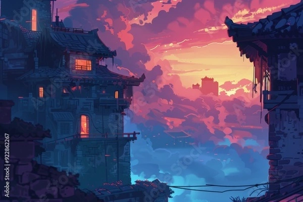 Obraz Serene Sunset Over Ancient Cityscape