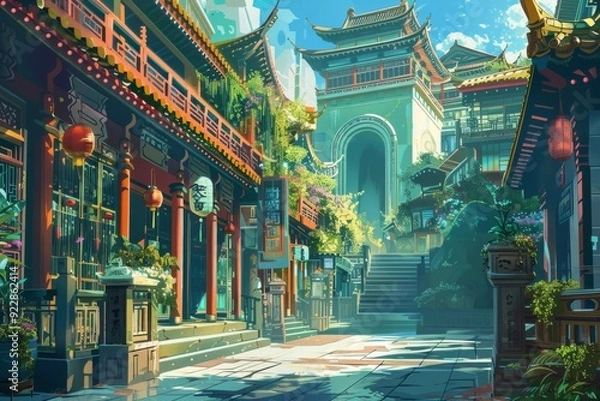Obraz Vibrant Asian Street Scene with Traditional Architecture