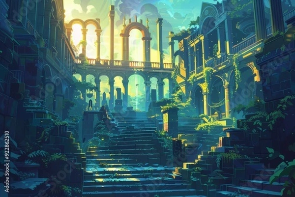 Obraz Digital illustration depicts a ruined ancient city in a fantasy setting