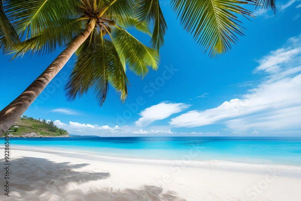 Obraz Palms and tropical beach with white sand. Summer vacation travel holiday background concept