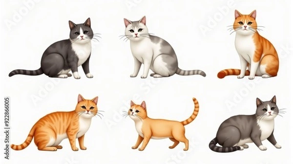 Fototapeta Adorable Cat Illustrations Featuring Various Breeds and Colors - Perfect for Pet-Themed Designs and Educational Resources. Includes Multiple Cute Poses of Cats.