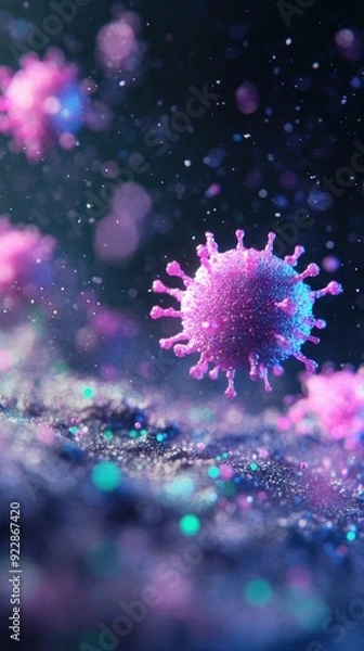 Fototapeta Colorful virus particles suspended in a dark, blurred background create a captivating microscopic view of viral structures