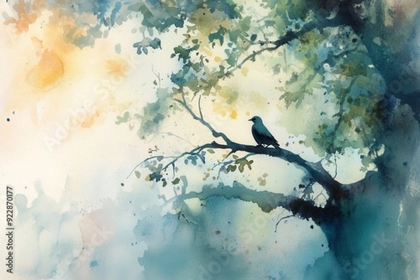 Obraz Watercolor painting of a bird on a tree branch, with soft, tranquil colors and a peaceful atmosphere.