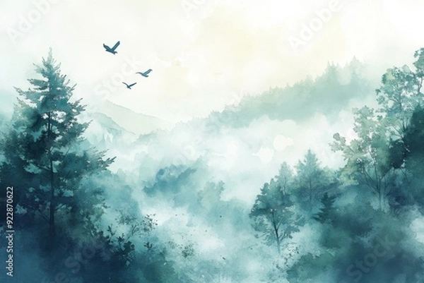 Obraz Watercolor painting of a foggy forest at sunrise, with birds flying in the sky.