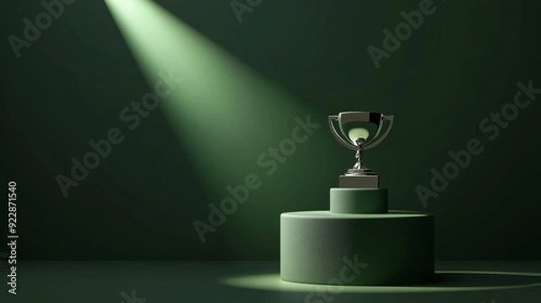 Fototapeta A photo of an empty 3D podium with a football trophy in the spotlight, isolated on a dark green background