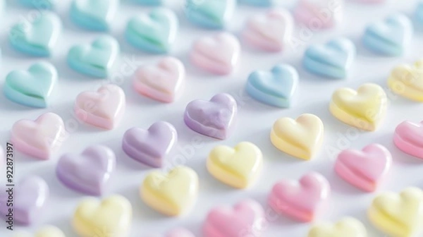 Fototapeta Colorful pastel hearts are neatly arranged on a white background, perfect for festive occasions