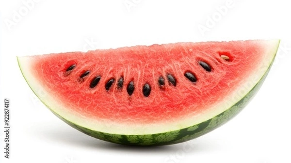 Fototapeta A fresh slice of watermelon with black seeds, isolated on white background.