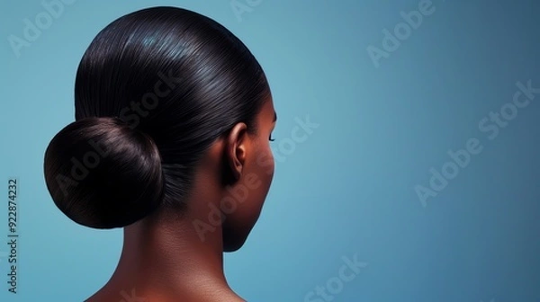 Fototapeta A person with a modern sleek bun, featuring smooth and shiny hair gathered into a neat bun