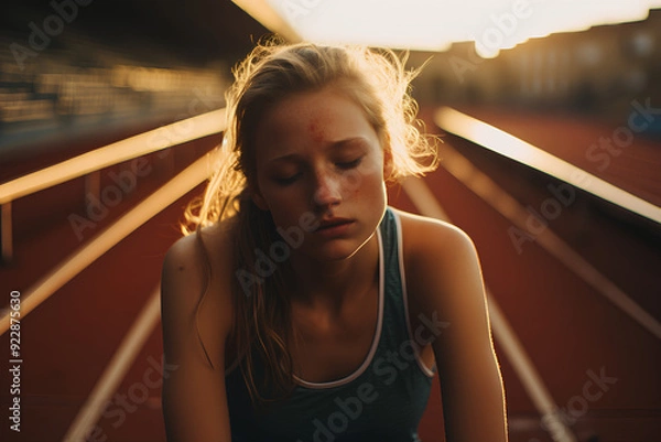 Obraz tired girl taking a break on a running track