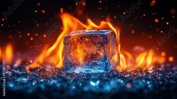 Fototapeta Ice Cube Resisting Flames in a Bed of Embers