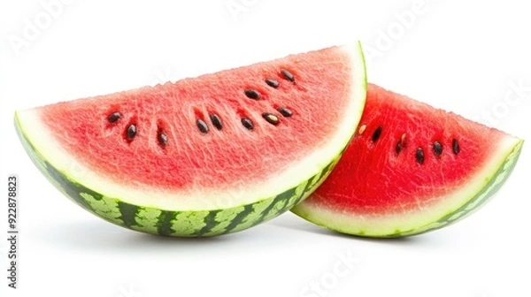 Fototapeta Two slices of watermelon with red flesh and black seeds, isolated on a white background.