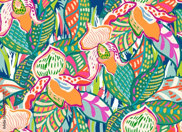 Fototapeta Tropical pattern with multicolored hand drawn elements. Leaves and flowers pattern perfect for textiles and decoration
