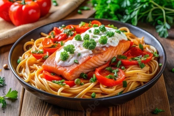 Fototapeta Freshly cooked salmon fillet atop a vibrant roasted red pepper pasta dish, tossed with creamy goat cheese and garnished with fresh parsley and thyme.