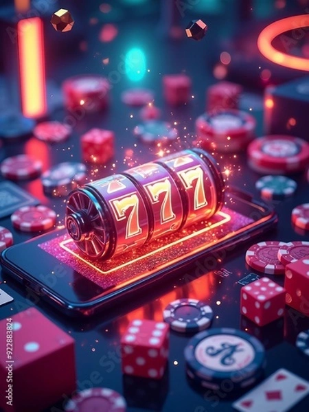 Fototapeta Online Casino Gaming with Slot Machine and Chips Exploding from Laptop