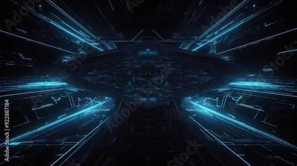 Fototapeta A glowing blue structure in a dark, futuristic space, resembling a spaceship or space station interior.
