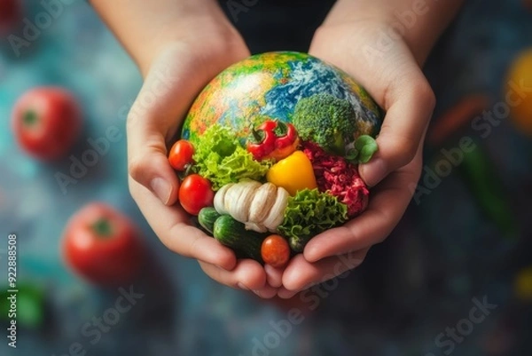 Fototapeta Global Awareness for World Food Day and Vegetarianism, Embracing Sustainable and Healthier Diets for a Better Tomorrow, Food Close-up, suitable for food blogs and food websites