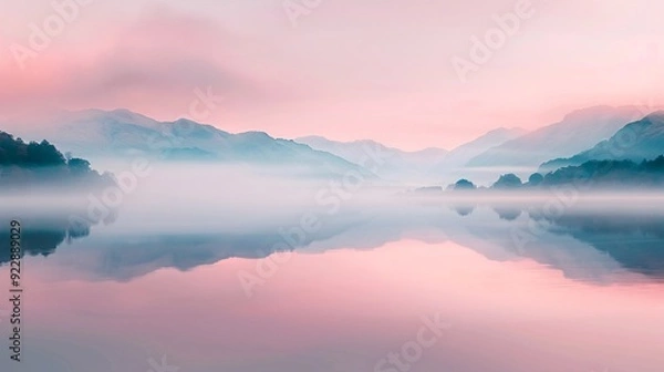 Fototapeta Serene landscape with misty mountains reflecting in calm waters during dawn.