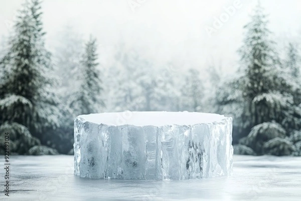 Fototapeta Ice podium with pine trees background for mockup display or presentation of products. with generative ai
