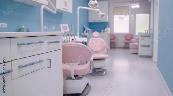 Fototapeta Interior of a modern state of the art dental clinic featuring diverse patients receiving professional checkup and treatment in a clean comfortable and technology driven environment