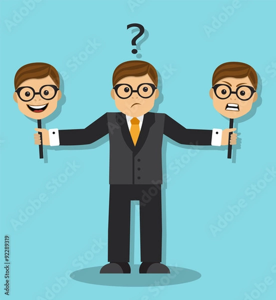 Obraz The businessman does not know how to react, and holds good and evil mask.