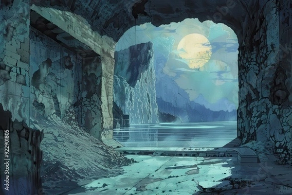 Fototapeta A Ruined Structure Offering a View of a Moonlit Landscape