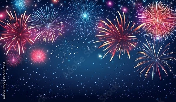 Fototapeta New Years background with colorful fireworks on a dark background