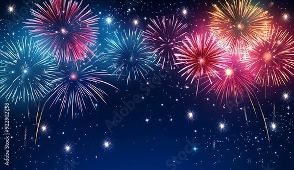 Fototapeta New Years background with colorful fireworks on a dark background