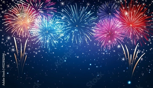 Fototapeta New Years background with colorful fireworks on a dark background
