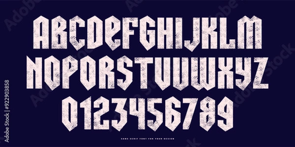 Obraz Sans serif font in black letter style. Letters and numbers with rough texture for logo and emblem design. White print on black background