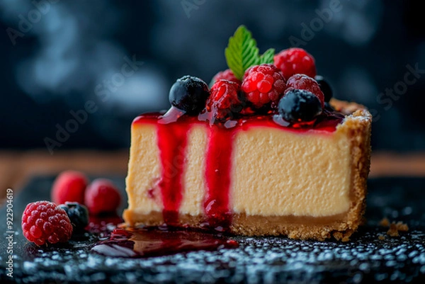 Fototapeta An appetizing and creamy slice of cheesecake decorated with raspberries and blueberries that give it a juicy and shiny appearance.