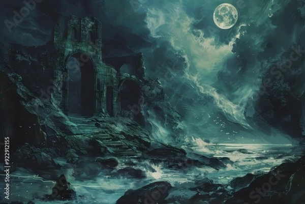 Fototapeta Ruined Temple on a Moonlit Shore