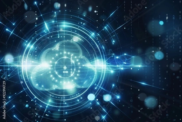 Obraz Futuristic cloud icon with glowing blue lights on a dark digital background, representing cloud computing, big data, and AI in 3D rendering.