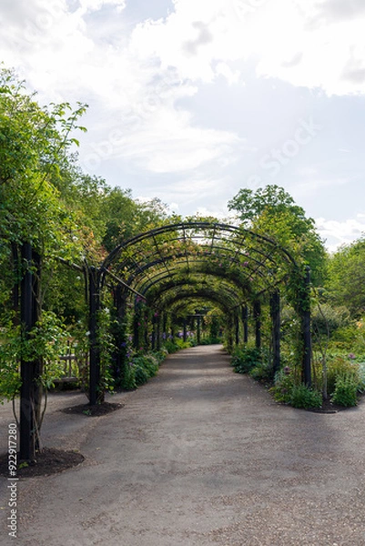 Fototapeta An enchanting garden pathway adorned with a beautiful floral archway, creating a serene and picturesque scene in a London park