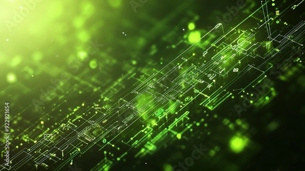 Obraz Emerald Network Convergence: Dive into a vibrant green digital landscape, where intricate data streams and glowing nodes converge, symbolizing the power and potential of modern technology.