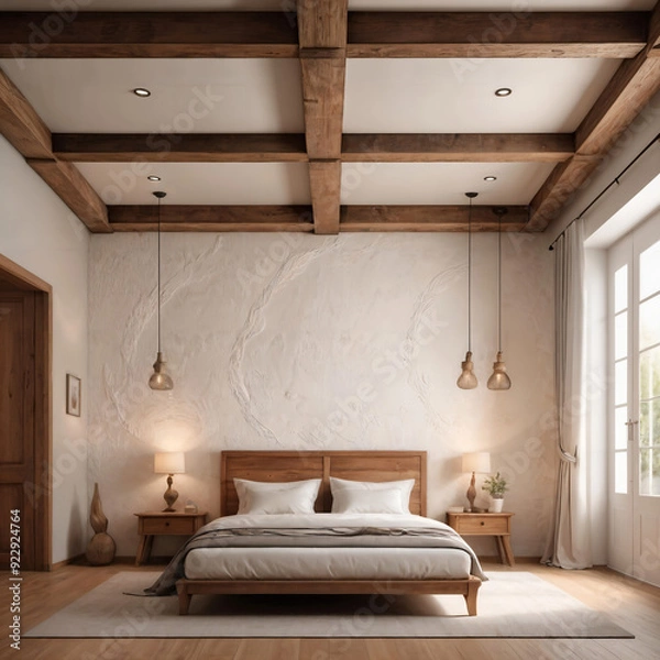 Fototapeta Embrace the rustic charm of a cozy bedroom with wooden beams and warm tones, perfect for themes related to interior design, comfort, and relaxation.