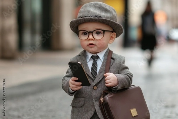 Obraz Business Baby in Suit and Glasses Holding a Phone and Briefcase: A Concept of Bringing Your Child to Work Day, Celebrating National Boss's Day.