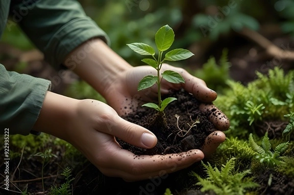 Fototapeta Holding a small plant and fertile soil, Concept of planting for future auspicious event, generative AI