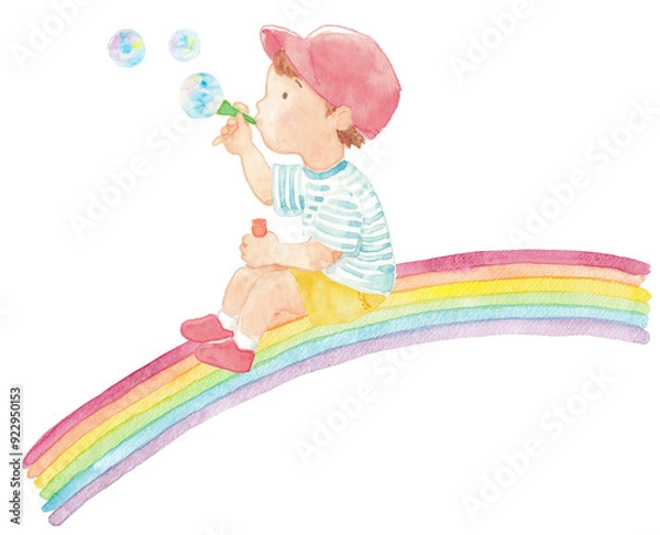 Obraz 手描き水彩イラスト素材　虹に座りしゃぼん玉を吹く男の子