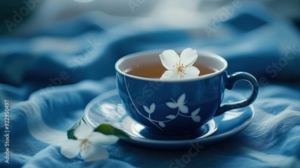 Fototapeta Create 5 prompts for stock photos related to A blue cup with a white flower on it is filled with tea with 100-200 characters and ending with