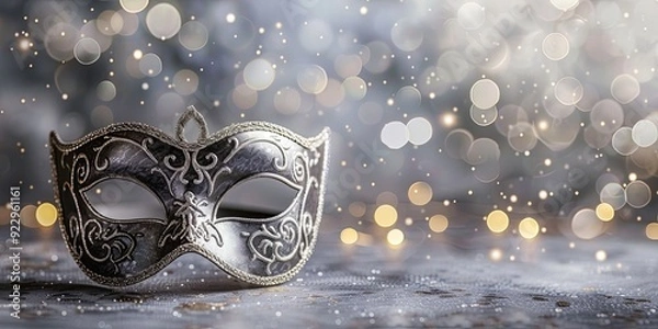 Fototapeta Elegant black and silver masquerade mask with bokeh background.