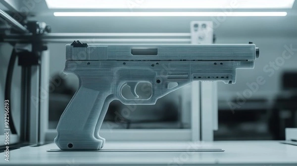 Obraz 3D printed firearm model displayed in a modern workshop setting, highlighting advanced manufacturing technology.