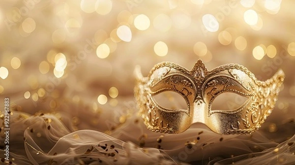 Obraz Gold masquerade mask with intricate details, laying on a soft, shimmering fabric with bokeh background.
