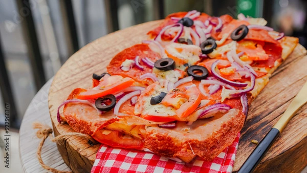 Obraz Slice of pepperoni pizza in hand isolated on white. Top view on paperoni pizza. Concept for italian food, street food, fast food, quick bite