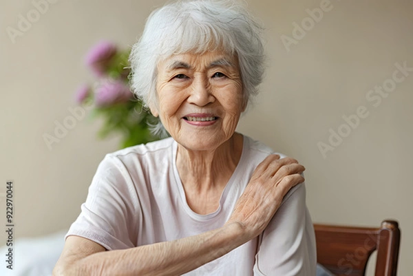 Fototapeta 穏やかな高齢者女性の笑顔。幸福とエイジングの美しさ